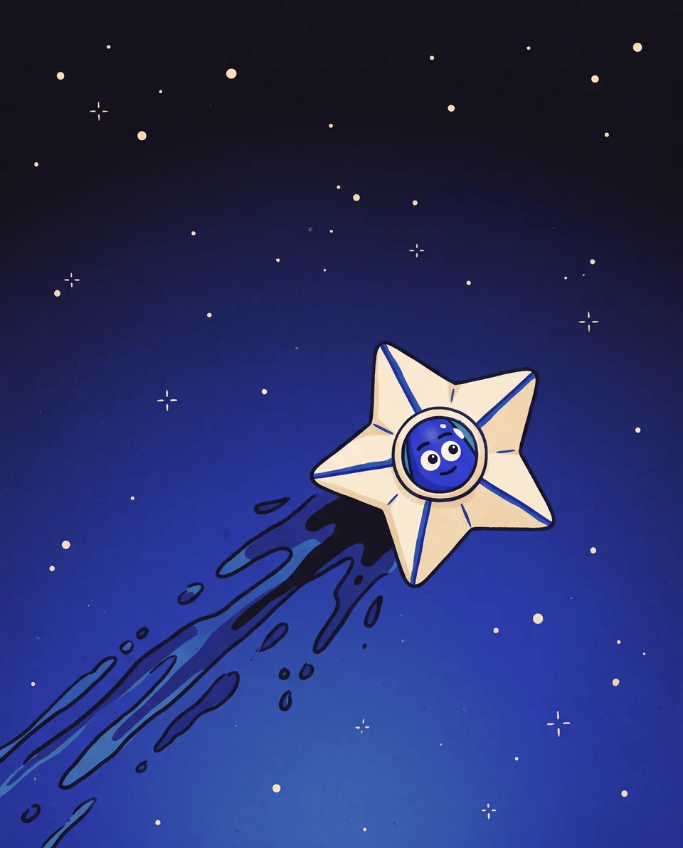 A white paper star with a round window streaks across a dark blue sky, trailing ink. A small blue face peers out.