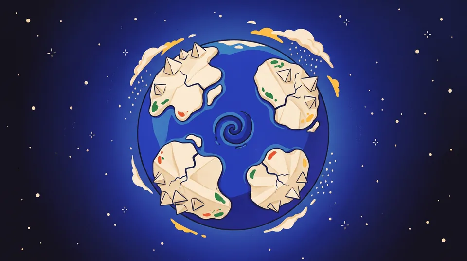 A small blue planet seen from space: ink oceans, folded-paper islands and a spiral sea in the middle.