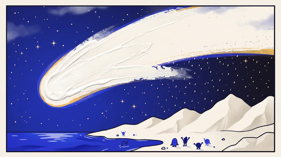 A huge white comet like thick wet paint fills the sky, its tail blanking out stars. Tiny inklings watch from the shore.