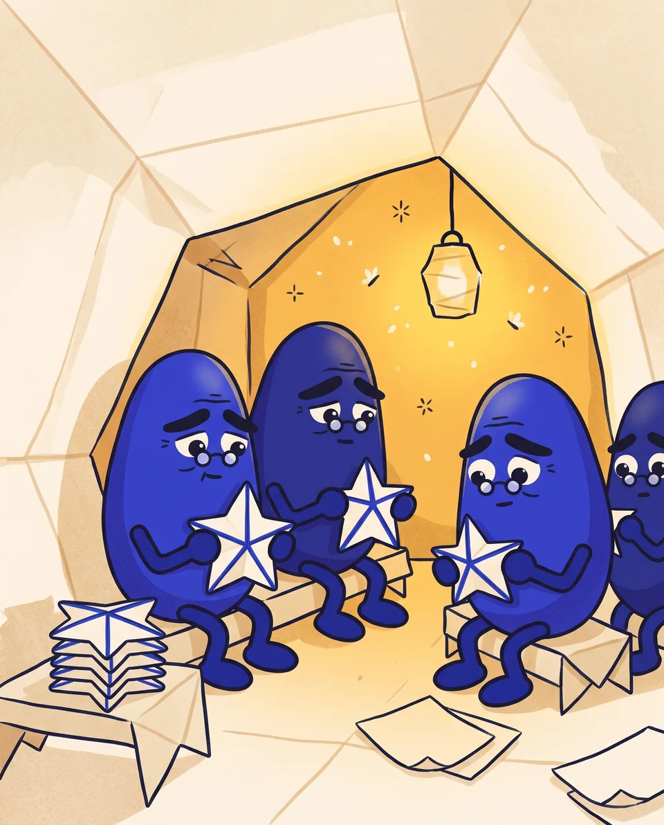 Old inklings in round spectacles fold white paper stars in a lamplit paper hall.