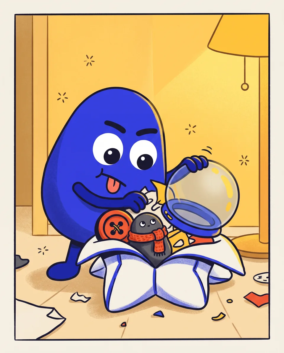 A blue inkling squashes a button, a pebble in a red scarf and a fishbowl helmet into a much-too-small paper star.