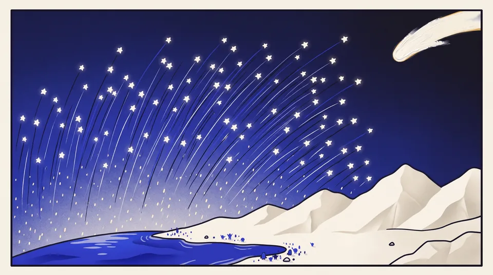 Hundreds of glowing paper stars rise from the planet in a wide fan, the white comet far off in a corner.