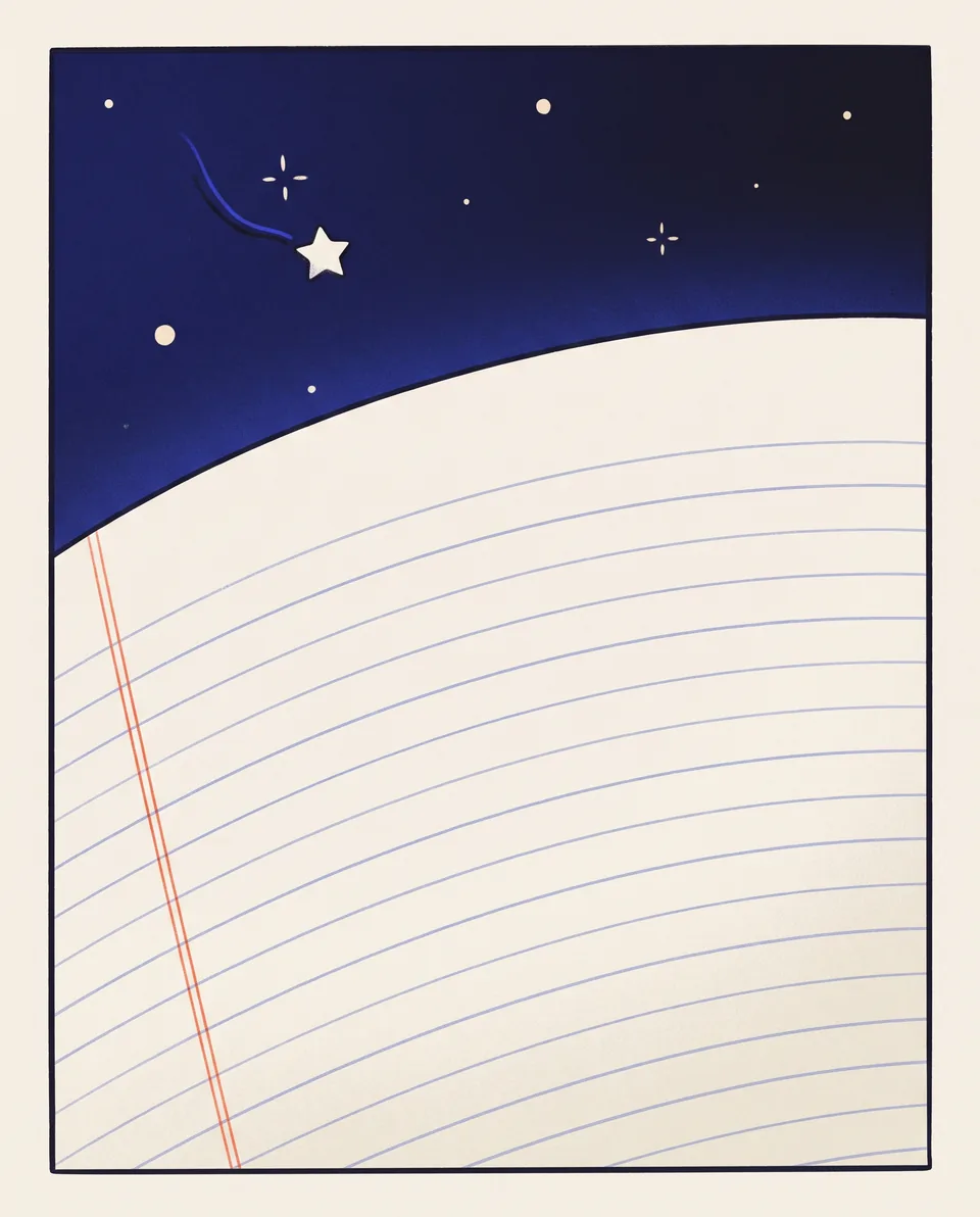 A vast ruled page curves away like the surface of a planet as a tiny star approaches it.