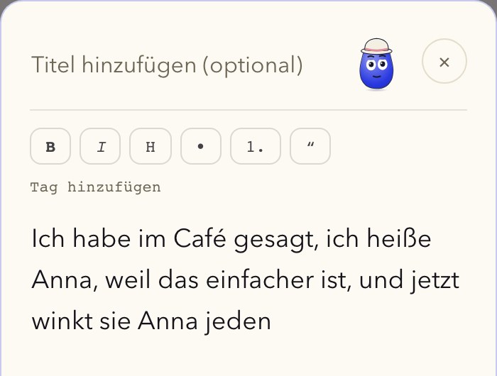 Der Hearth-Editor mitten im Satz geöffnet, mit Formatierungsknöpfen und einer Reihe für Sprachnotizen und Fotos.