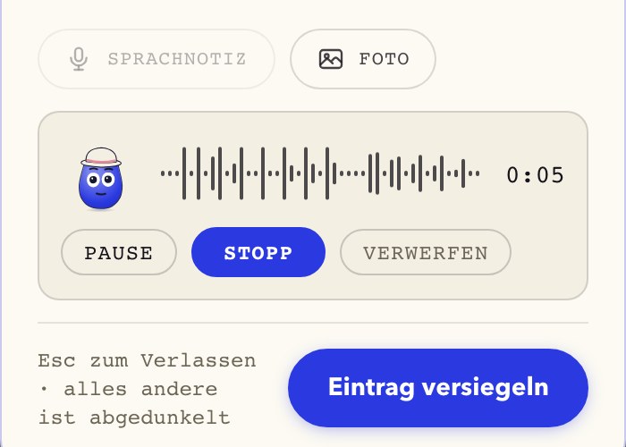 Ein Spracheintrag wird in Hearth aufgenommen, die lebendige Tintenwelle bewegt sich beim Sprechen.