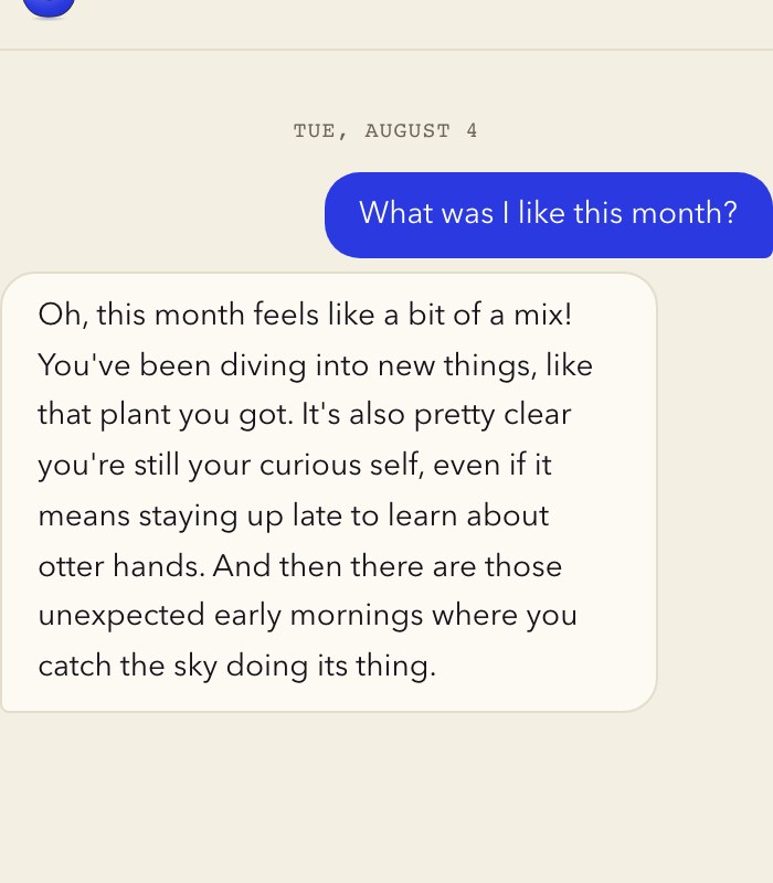Inkling answering a question about the last month, in the Hearth chat.