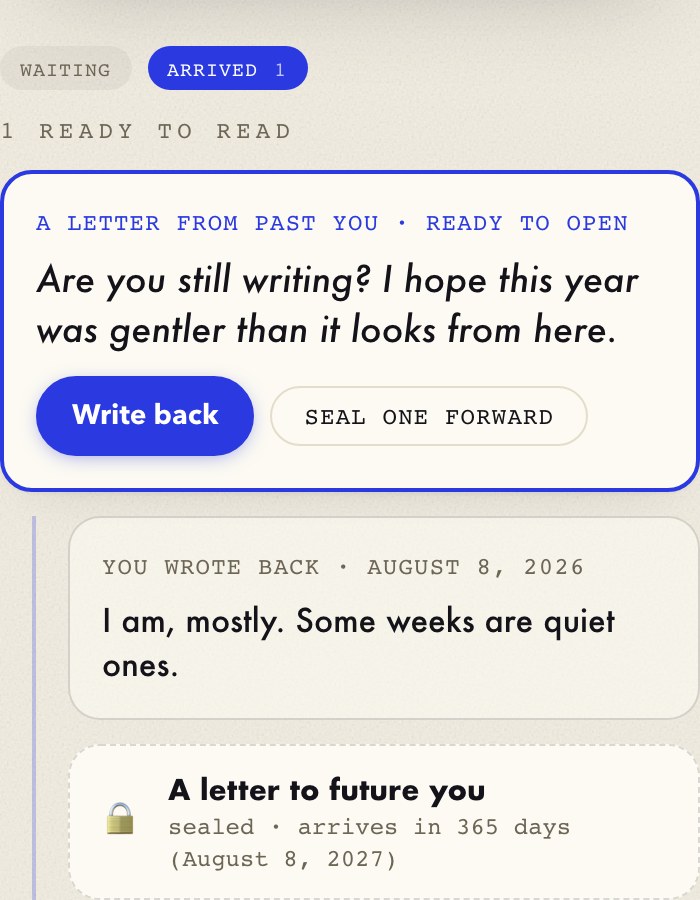 A Future Me thread in Hearth: an arrived letter, the reply written back to it, and a sealed letter waiting underneath.