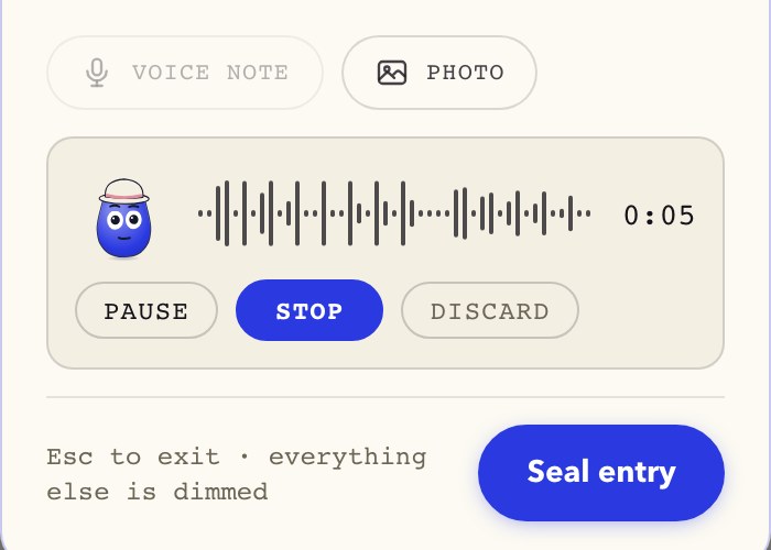 A voice entry being recorded in Hearth, the living-ink waveform moving as the writer talks.