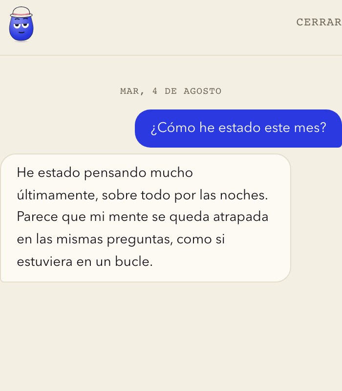 Inkling respondiendo una pregunta sobre el último mes, en el chat de Hearth.