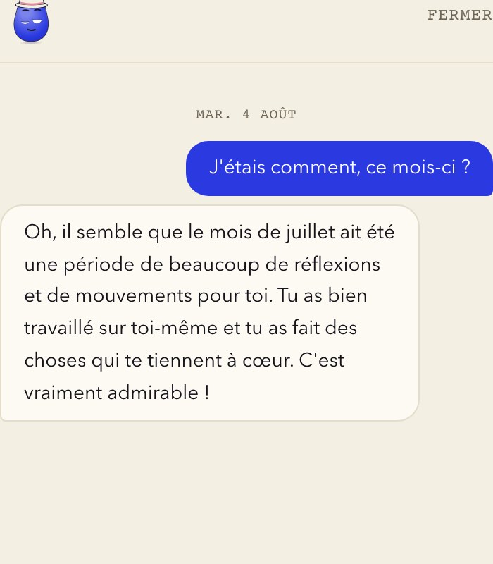 Inkling répondant à une question sur le mois écoulé, dans le chat de Hearth.