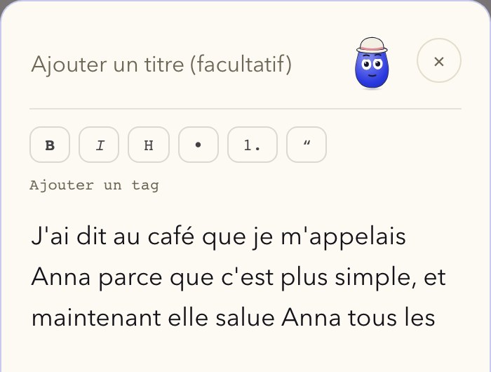 L'éditeur de Hearth ouvert en pleine phrase, avec les commandes de mise en forme et une ligne pour les notes vocales et les photos.