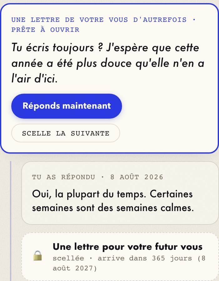 Un fil Lettre au Futur dans Hearth : une lettre arrivée, la réponse qui lui a été écrite, et une lettre scellée qui attend en dessous.