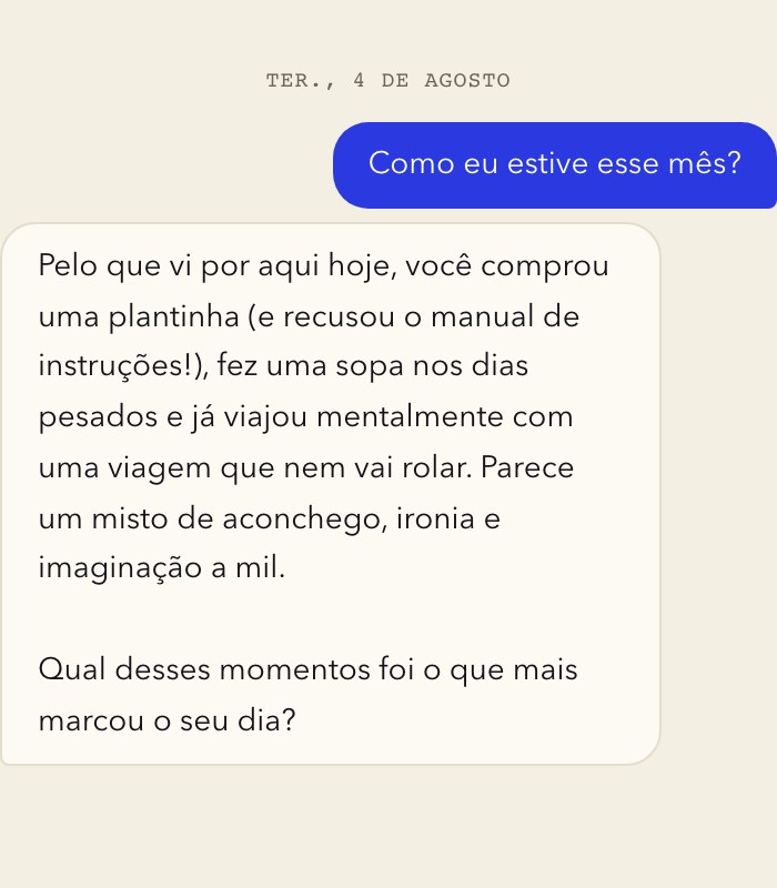 O Inkling respondendo uma pergunta sobre o último mês, no chat do Hearth.
