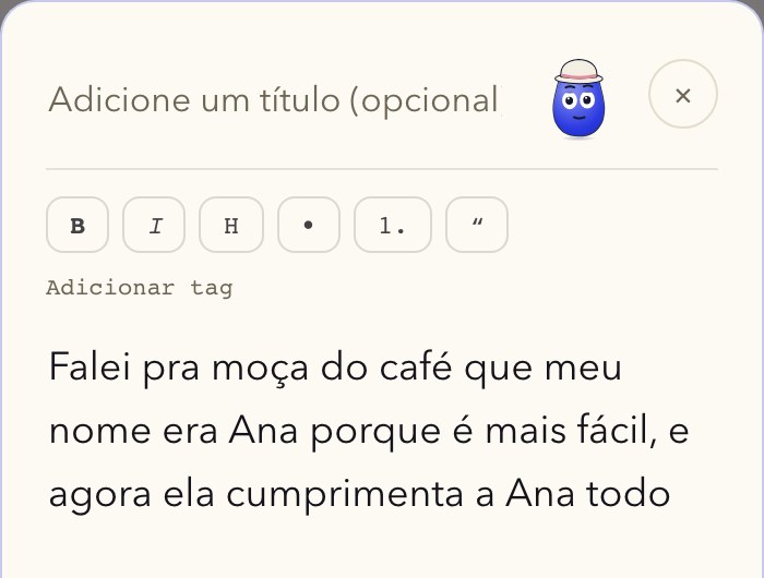 O editor do Hearth aberto no meio de uma frase, com os controles de formatação e uma fileira para áudios e fotos.