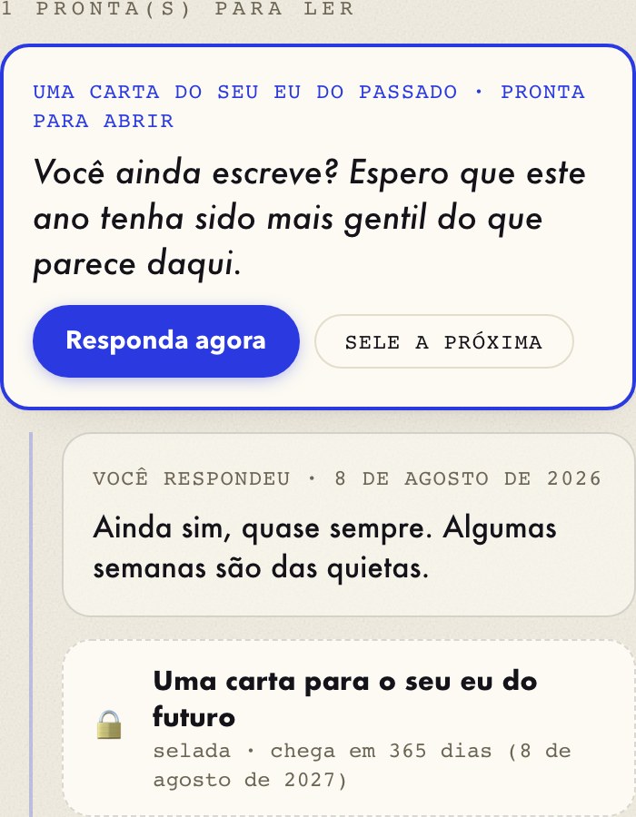 Uma conversa de Carta para o Futuro no Hearth: uma carta que chegou, a resposta escrita a ela e uma carta selada esperando abaixo.